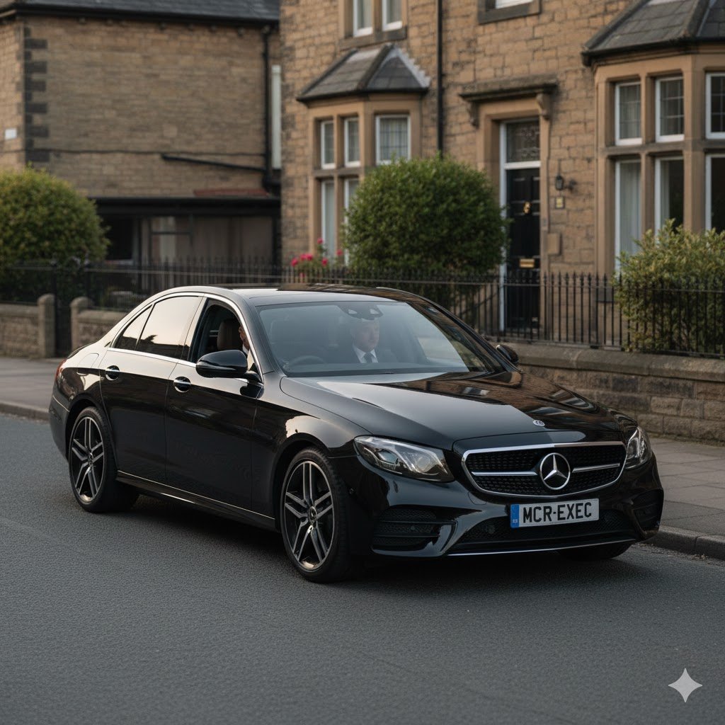 Tottington private chauffeur hero image showing a black 2025 Mercedes-Benz E-Class with MCR-EXEC number plate parked in a quiet village setting in Tottington, Greater Manchester, with a professional chauffeur preparing for a discreet private journey.