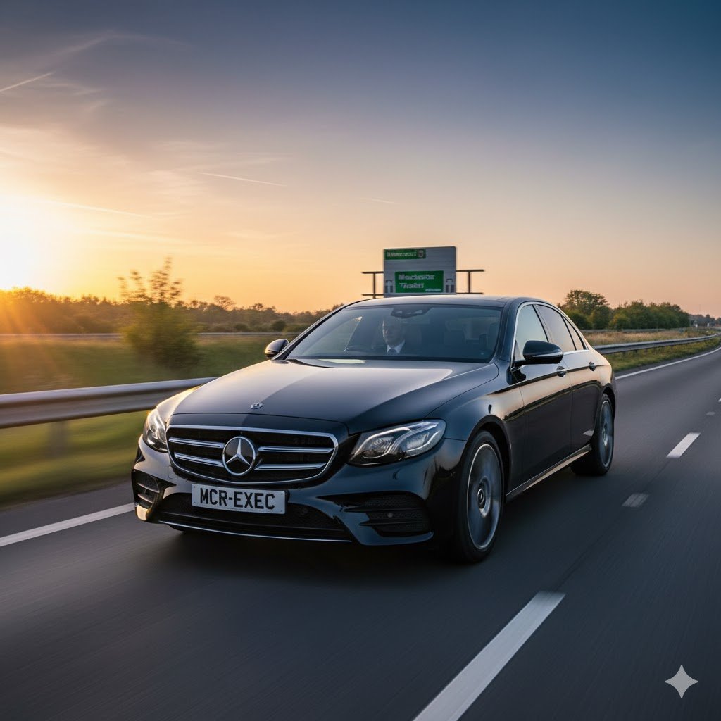 Urmston Executive Chauffeur by MCR-EXEC driving black 2025 Mercedes E-Class at sunrise in Trafford