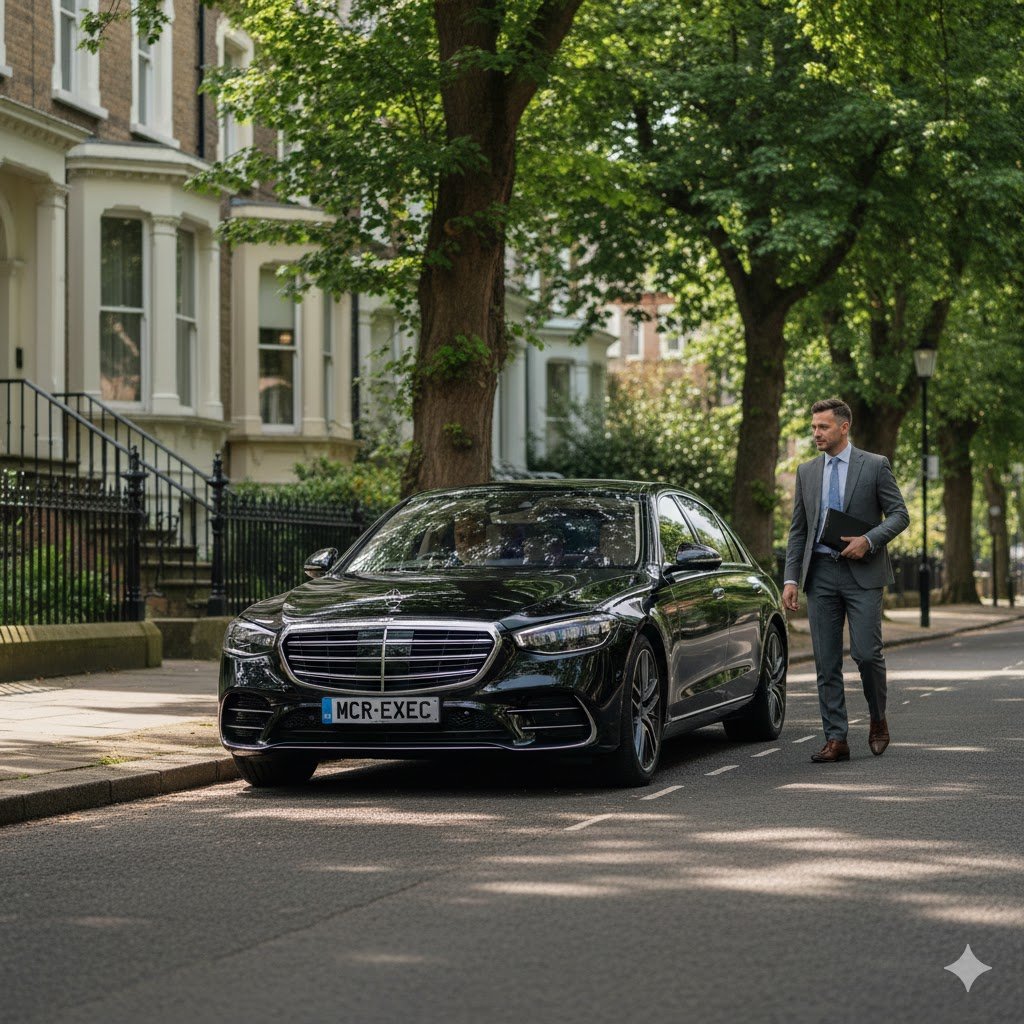 Victoria Park Private Executive Travel with a black Mercedes S-Class by MCR-EXEC collecting a professional passenger from a leafy residential avenue in Victoria Park, Manchester.