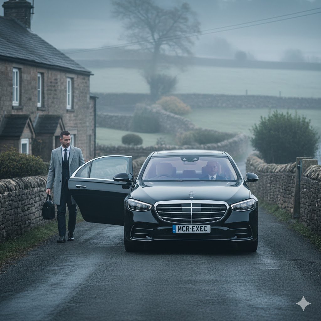 Wardle Chauffeur Service with black 2025 Mercedes-Benz S-Class operated by MCR-EXEC, showing a passenger beginning a premium executive journey in the village of Wardle near Rochdale.