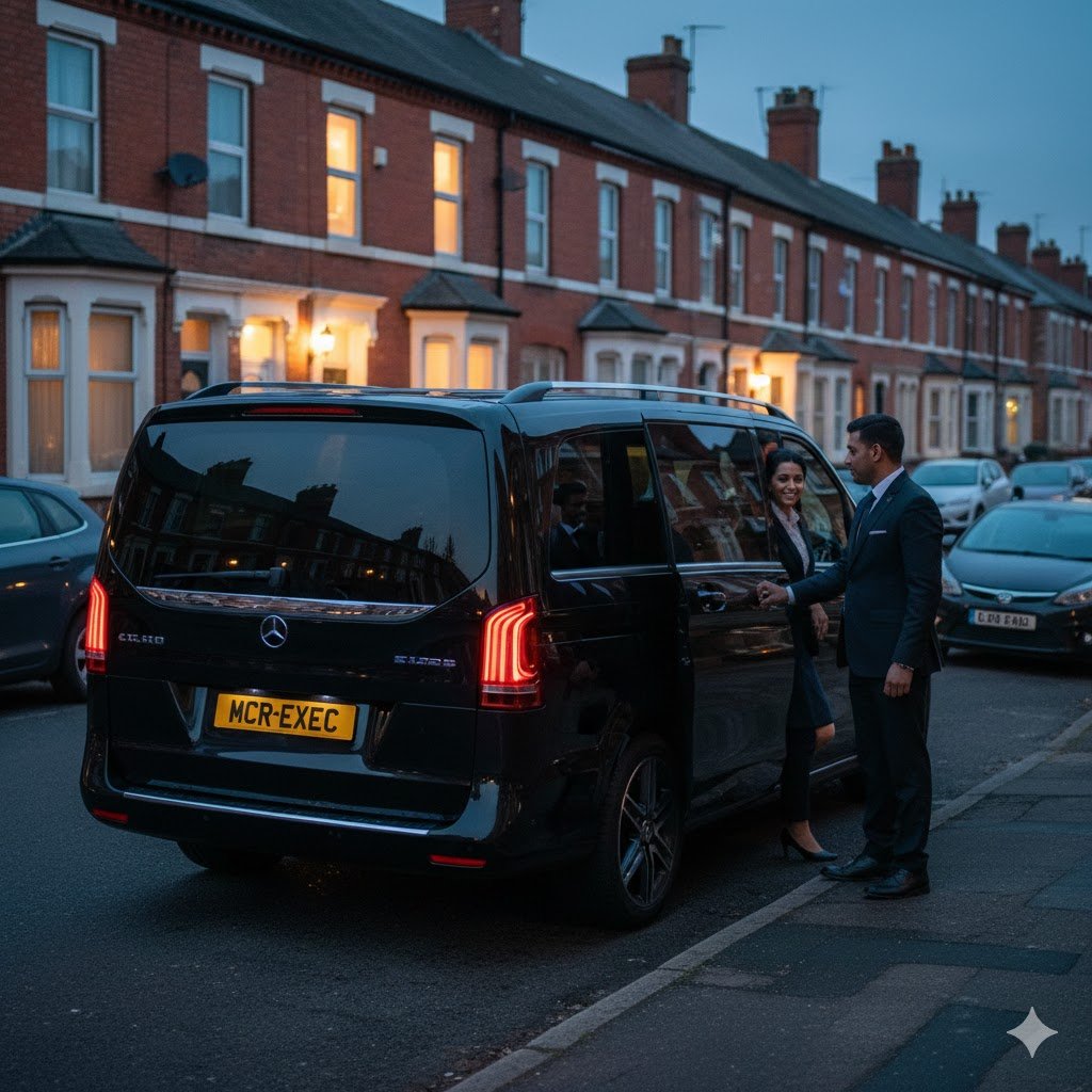 Werneth Chauffeur Service with black Mercedes V-Class MPV, professional chauffeur assisting a couple in Werneth Oldham, luxury local transport by MCR-EXEC