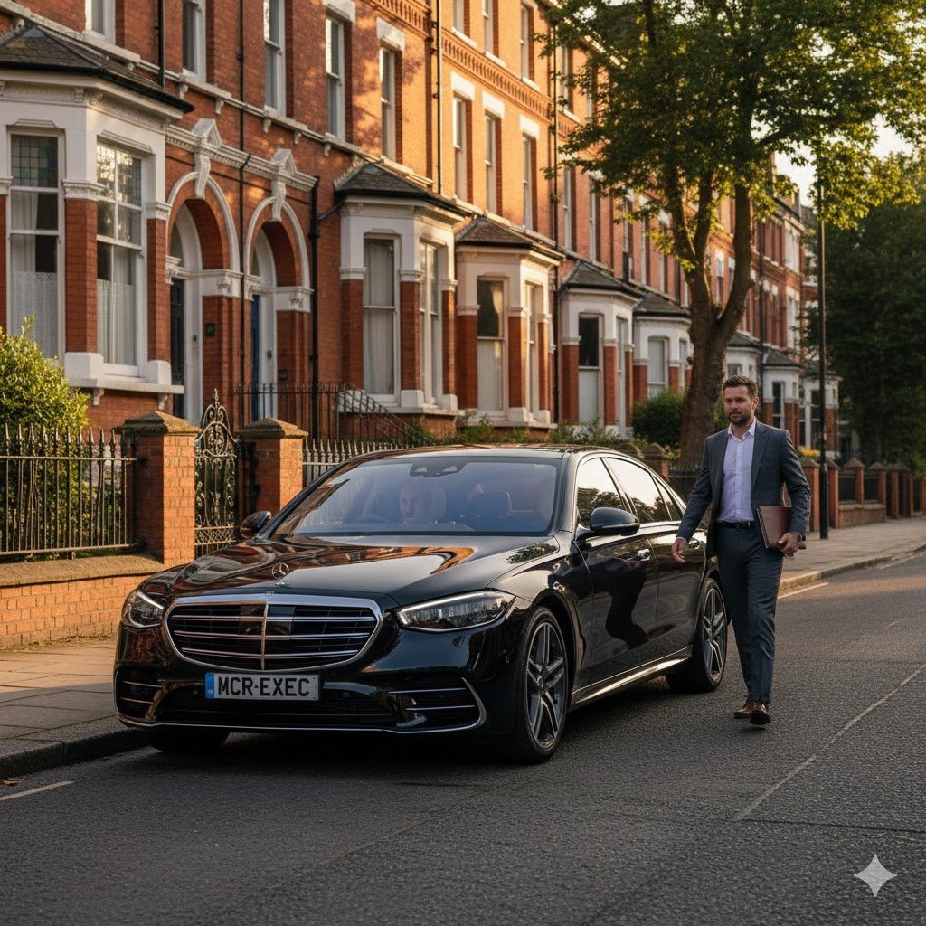 Whalley Range Luxury Executive Transport with a black Mercedes S-Class by MCR-EXEC collecting a professional passenger from a Victorian crescent in Whalley Range, Manchester.