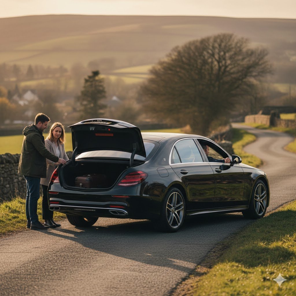 Whitworth Chauffeur Service with black 2025 Mercedes-Benz S-Class operated by MCR-EXEC, showing passengers loading luggage for a premium airport or long-distance journey in a semi-rural Whitworth setting.