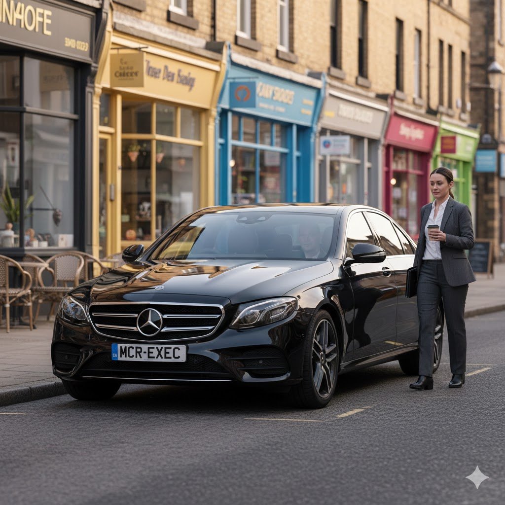 Withington Executive Car Hire with a black Mercedes E-Class by MCR-EXEC collecting a professional passenger near cafés in Withington village, Manchester.