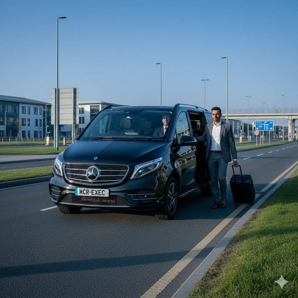 Wythenshawe Executive Transport with a black Mercedes V-Class by MCR-EXEC collecting a business traveller along an airport-corridor route in Wythenshawe, Manchester.