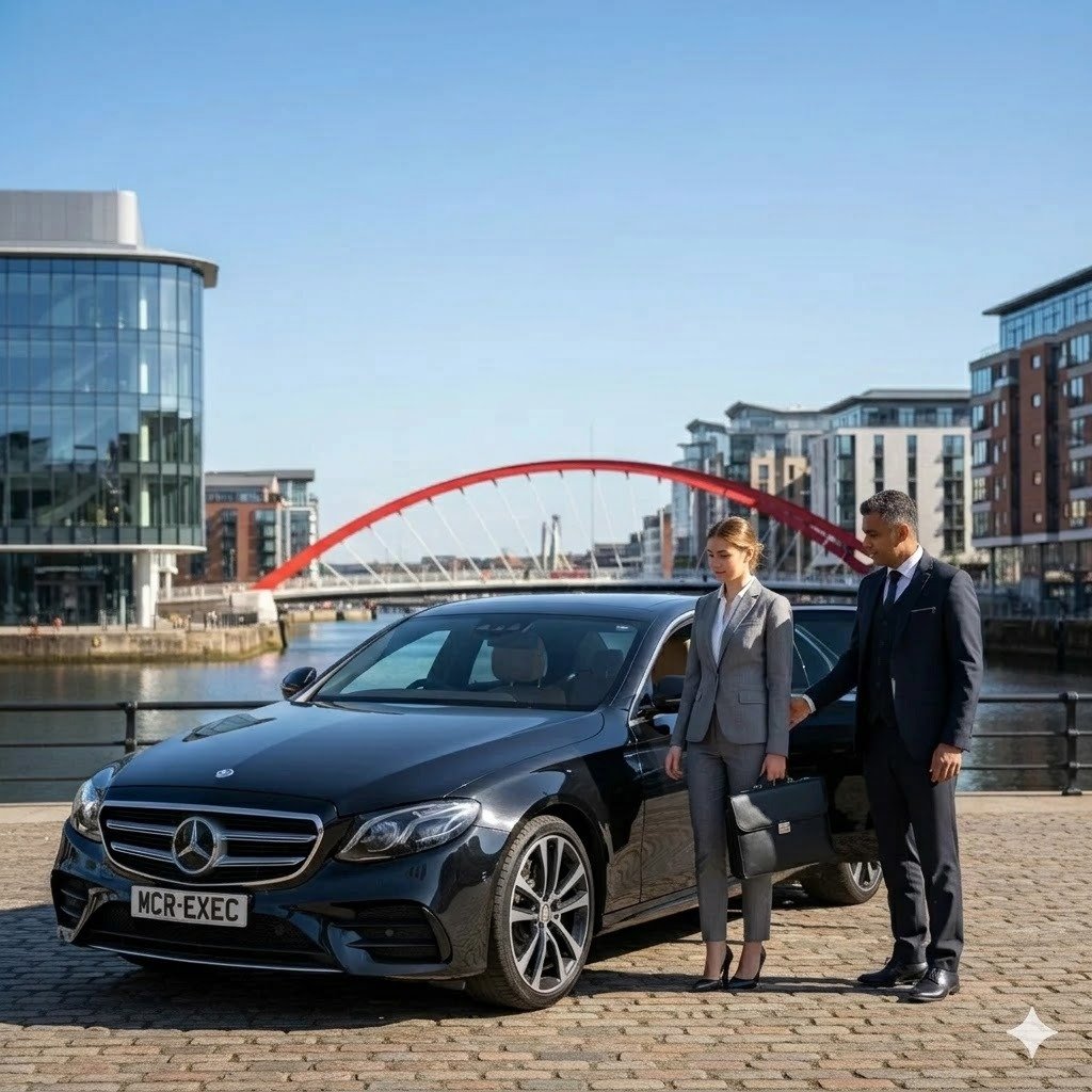 MCR EXEC Mercedes V-Class outside a premium Salford location for Executive Chauffeur Hire in Salford
