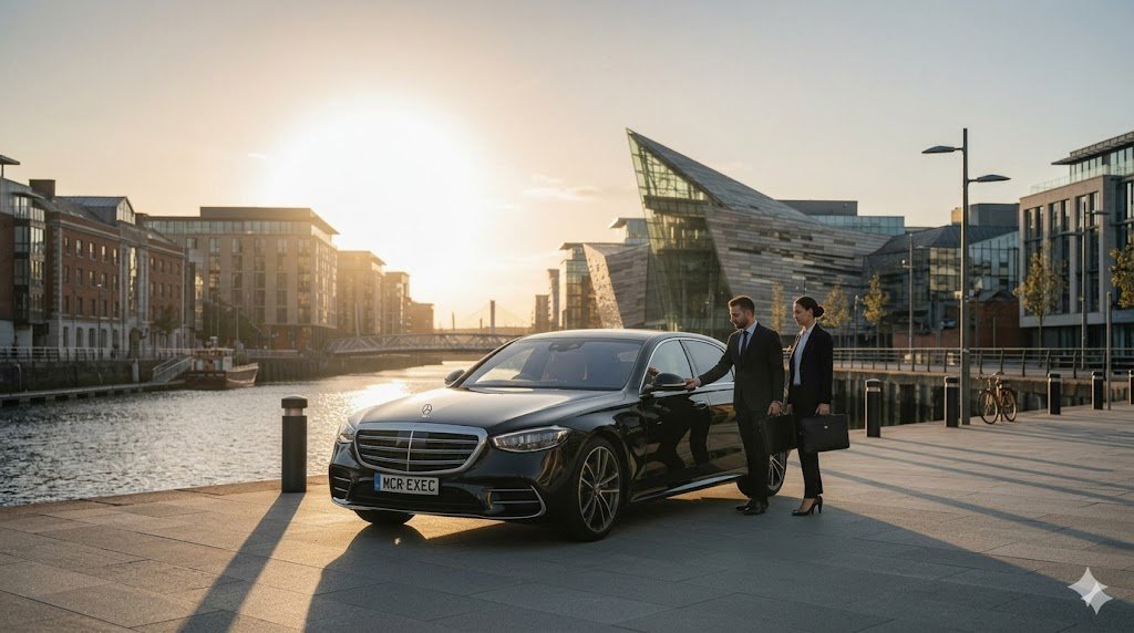 Mercedes V-Class by MCR EXEC outside a premium Salford city centre location for Business Chauffeur Service in Salford 