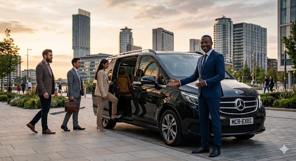 Mercedes V-Class black chauffeur vehicle with MCR-EXEC number plate welcoming passengers in Manchester city centre representing the About MCR EXEC Manchester chauffeur service