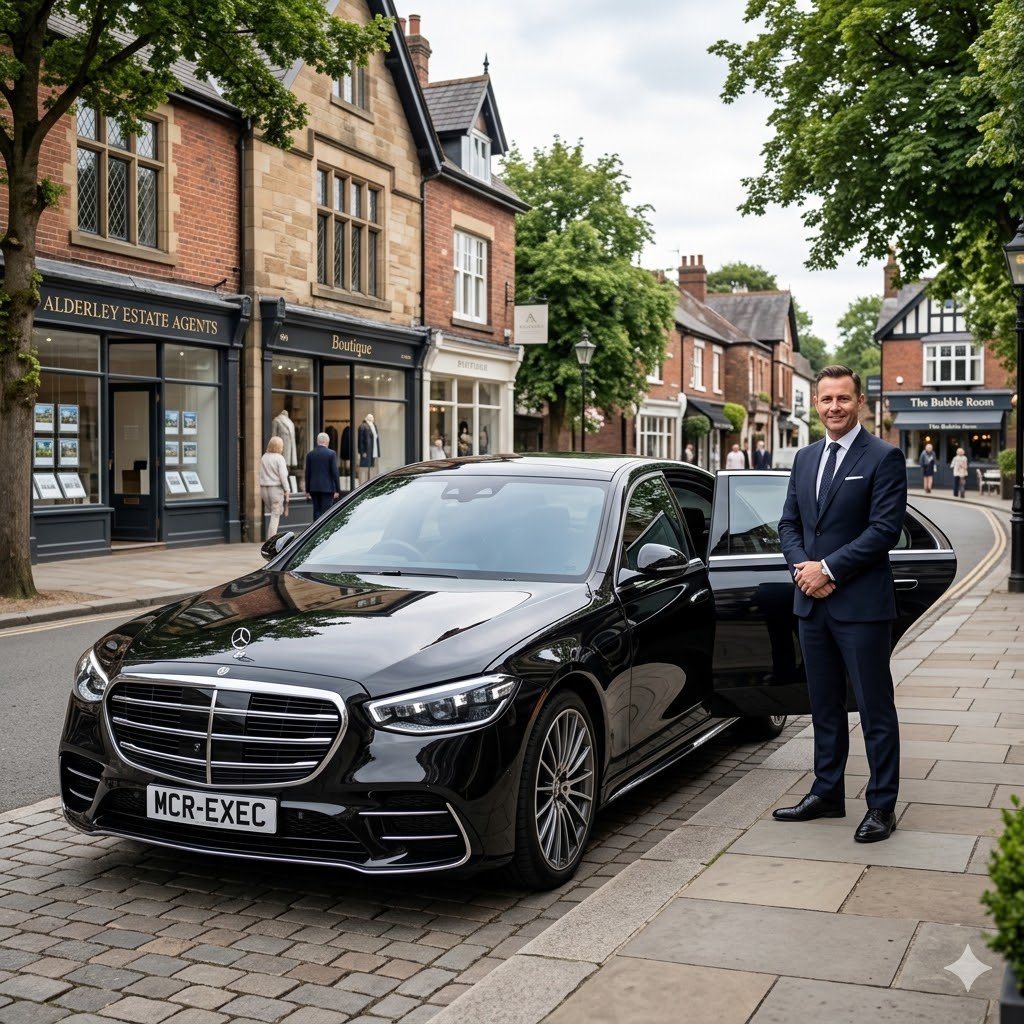 Black Mercedes S-Class by MCR EXEC in an affluent Alderley Edge village setting for Alderley Edge Chauffeur Service, with a professional chauffeur standing beside the vehicle in a refined Cheshire location.