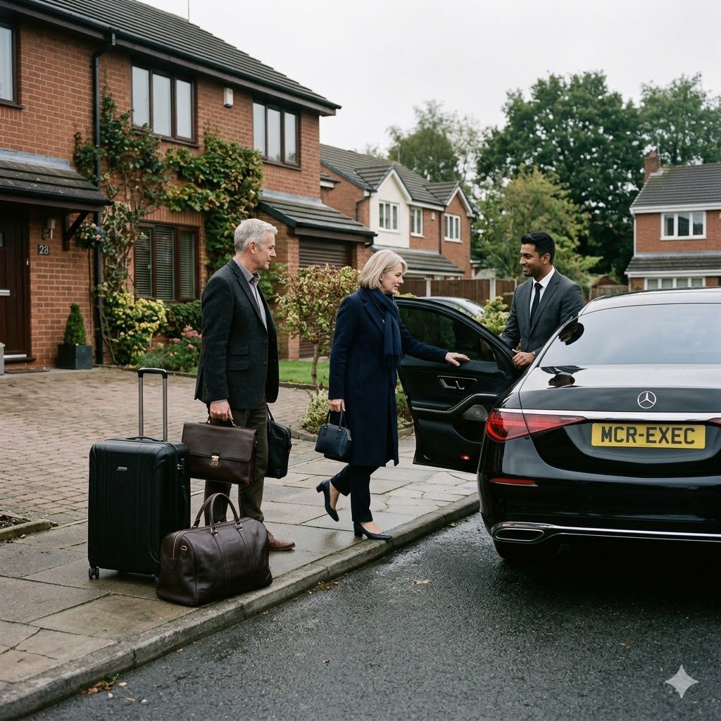 Mercedes S-Class chauffeur in Ashton-in-Makerfield opening the rear door for a couple outside a smart home before an executive airport transfer.