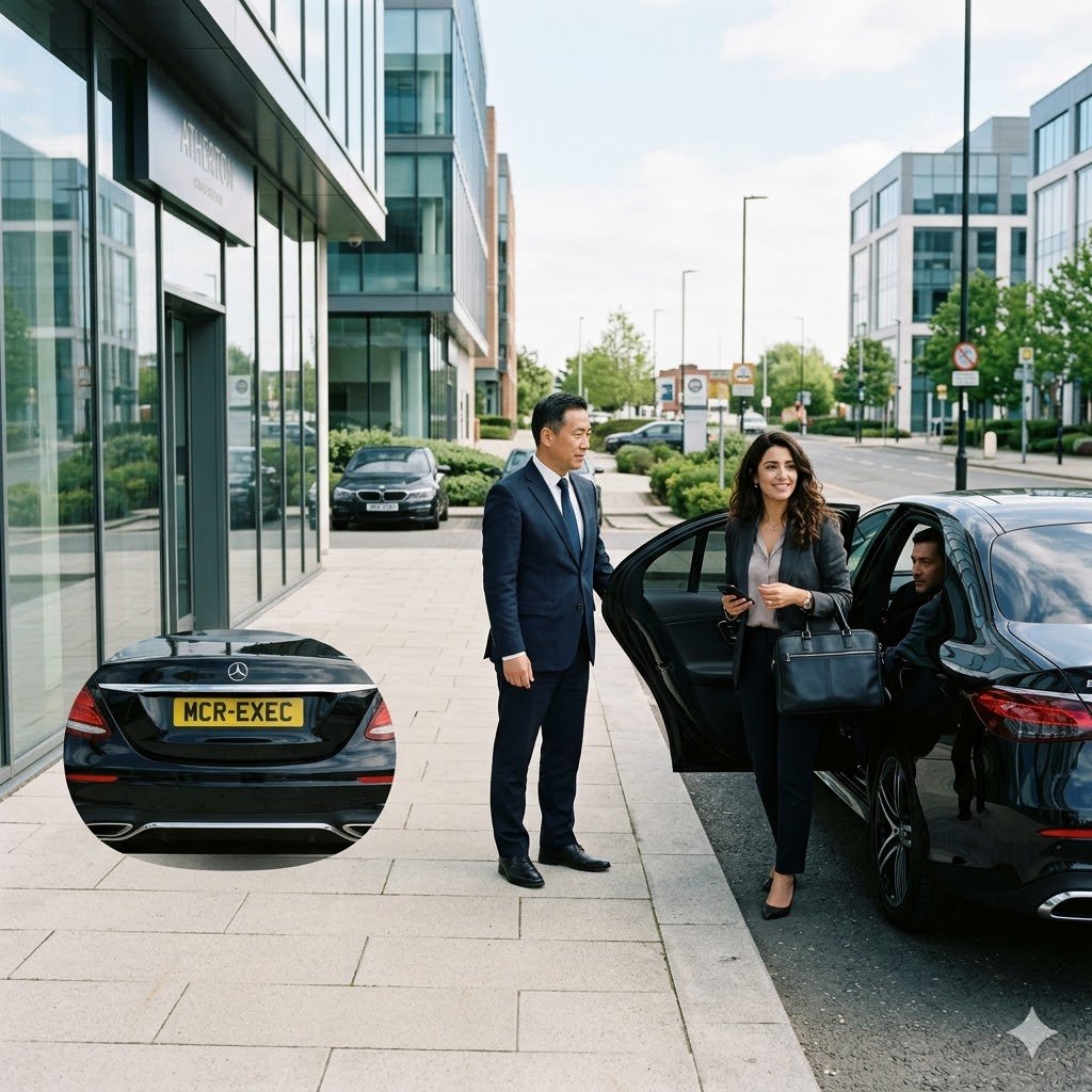 Executive chauffeur service in Atherton with a business traveller stepping out of a Mercedes E-Class at a modern office building.