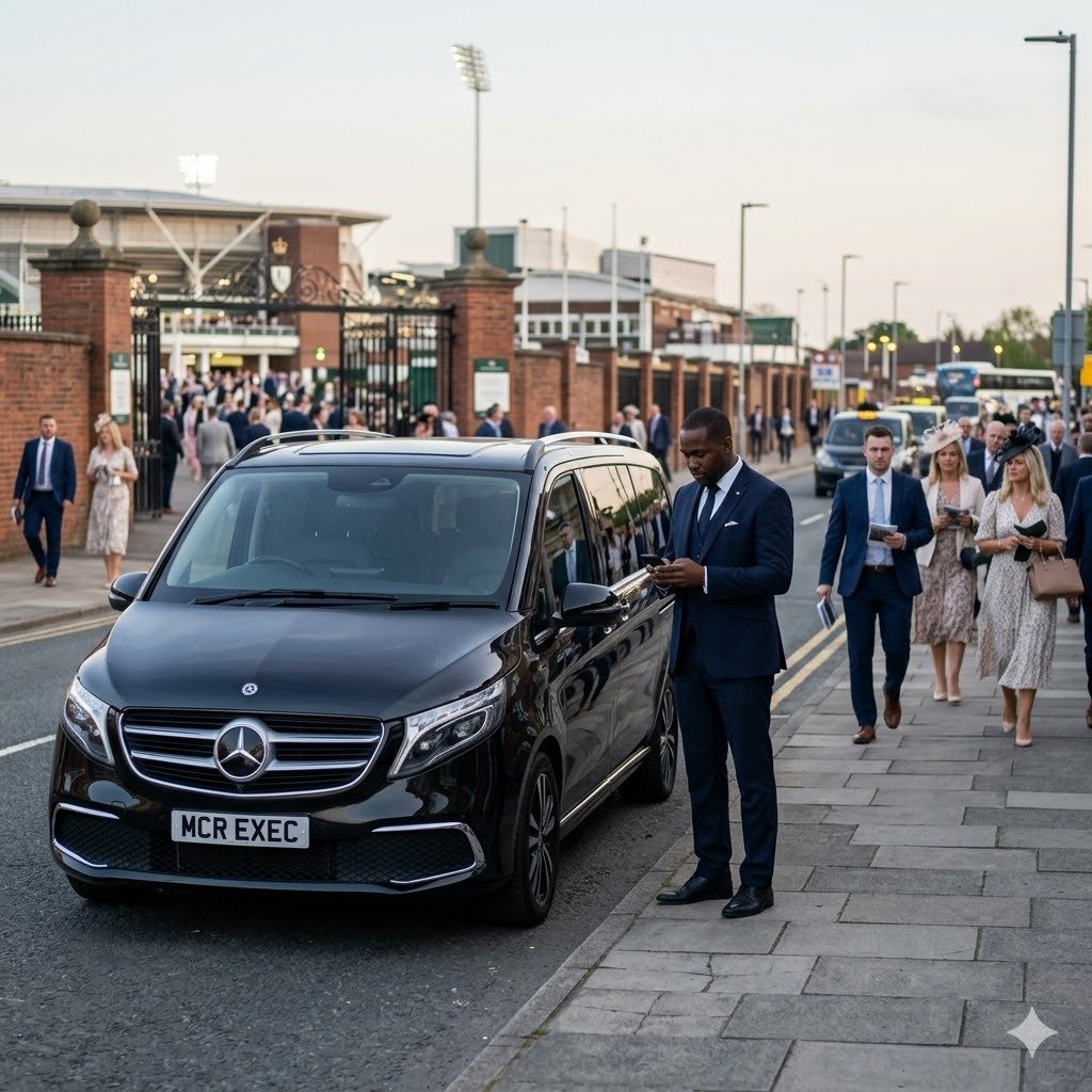 How to avoid traffic and pickup delays after the Grand National with a professional chauffeur preparing a luxury Mercedes V-Class near Aintree.