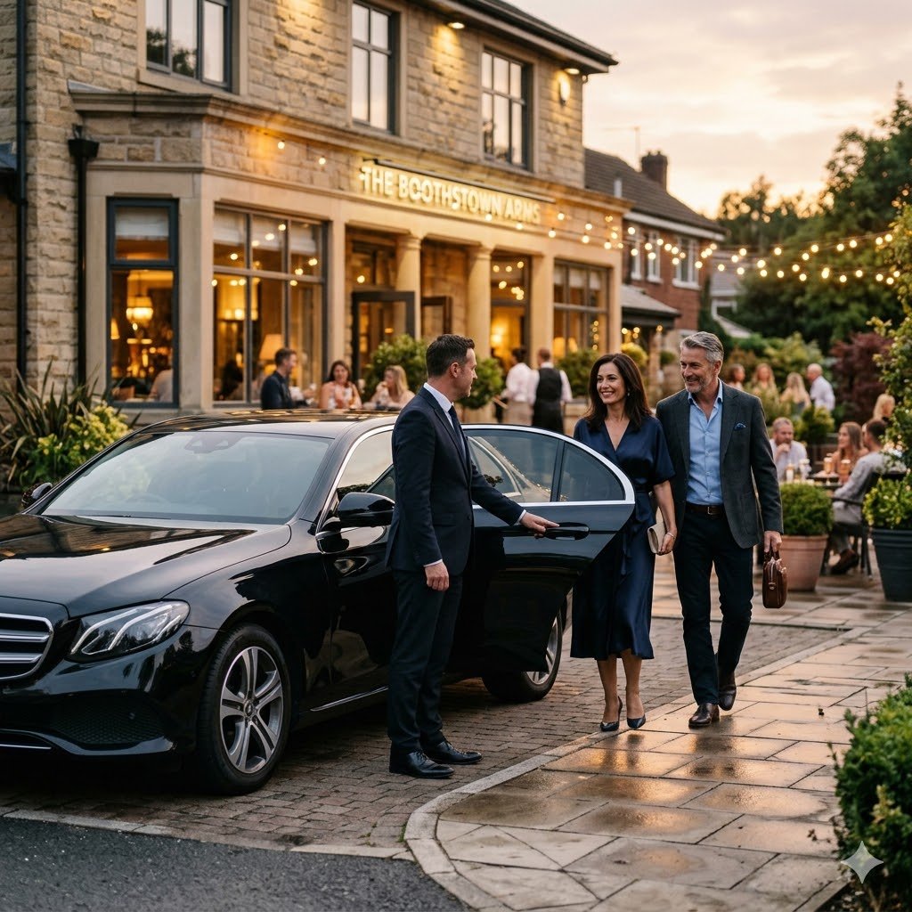 Mercedes E-Class dinner arrival in Boothstown for chauffeur service with couple stepping out in the evening