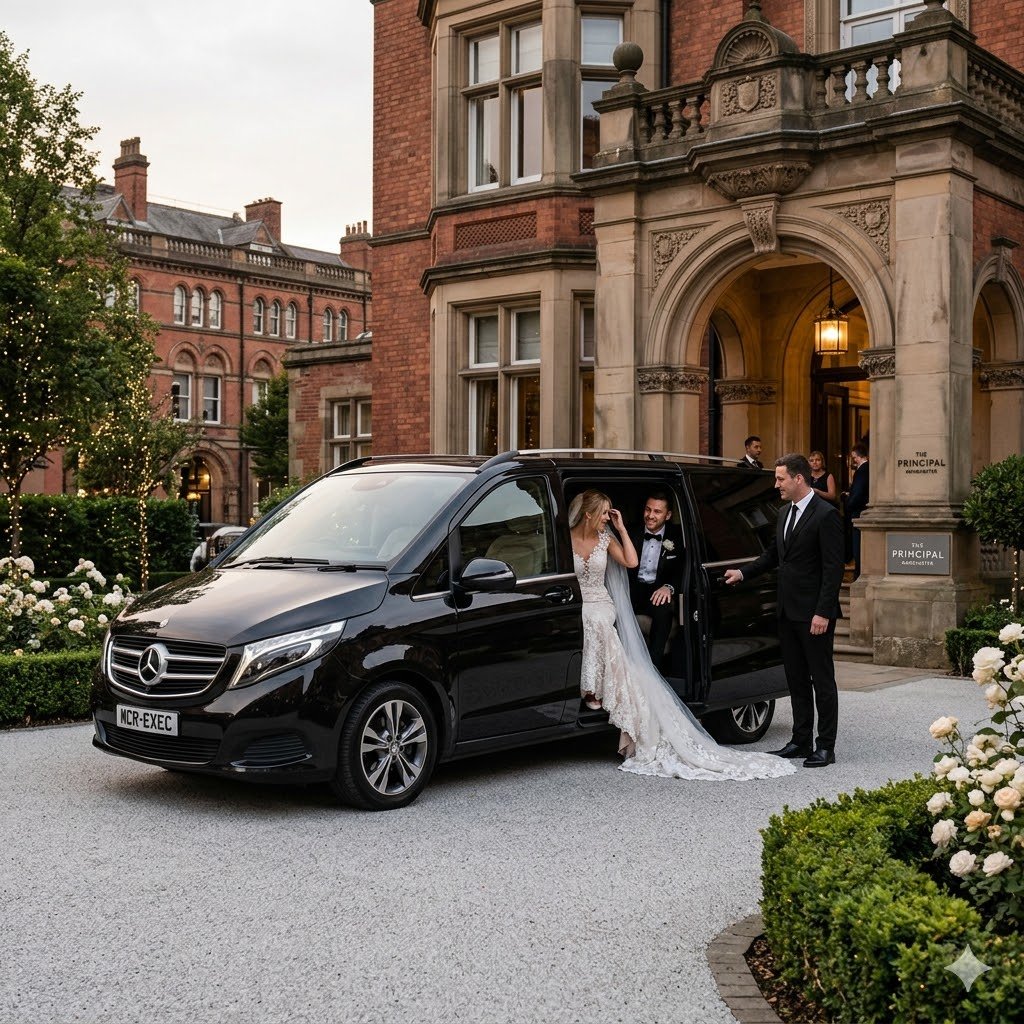 Bride and groom arrival wedding chauffeur service Manchester
