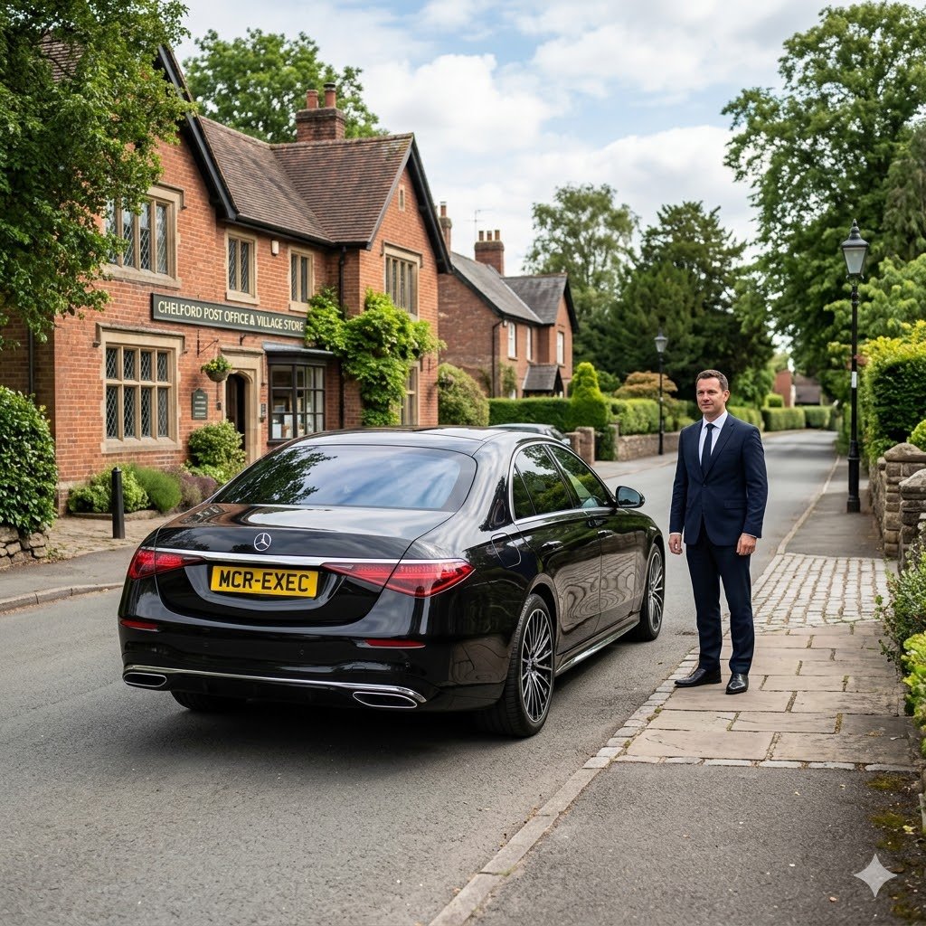 Black Mercedes S-Class by MCR EXEC in a refined Chelford Cheshire setting for Chelford Chauffeur Service, with a professional chauffeur standing beside the vehicle in an elegant village location.