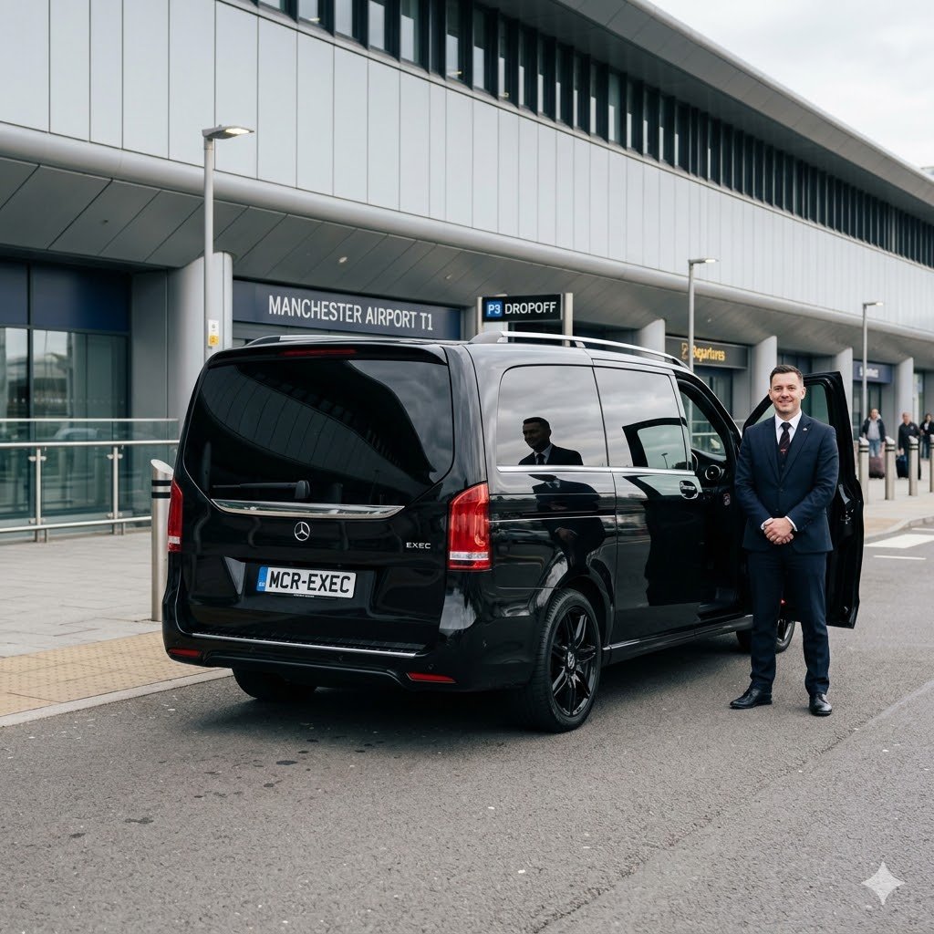 Luxury Transfer From Manchester Airport To Stockport in a black Mercedes V-Class with MCR EXEC at Manchester Airport for executive travel to Stockport