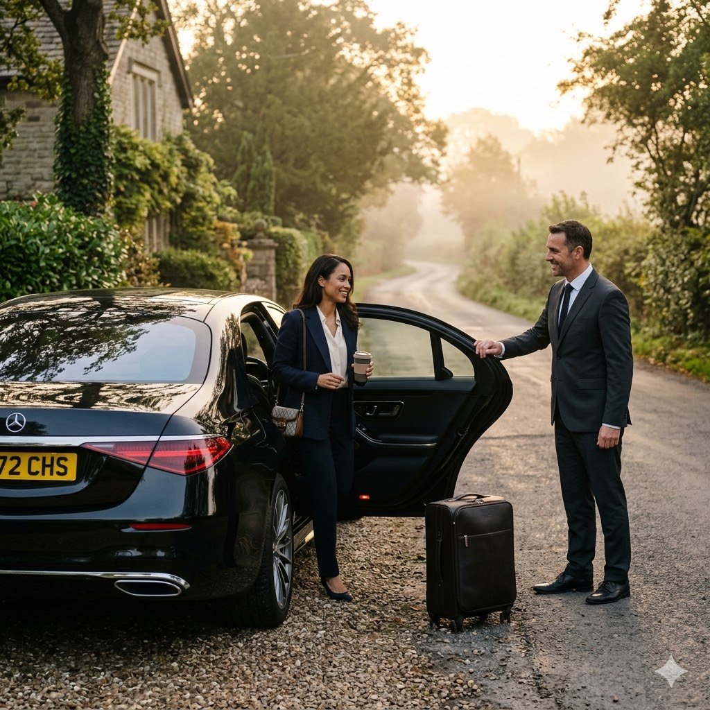 Mercedes S-Class sunrise pickup in Clifton for chauffeur service with executive traveller and luggage