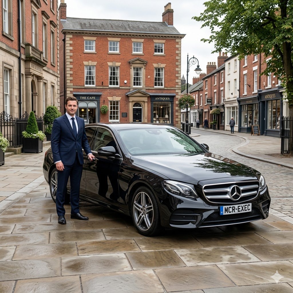 Black Mercedes E-Class by MCR EXEC in a refined Congleton Cheshire setting for Congleton Chauffeur Service, with a professional chauffeur standing beside the vehicle in an elegant town-centre scene.