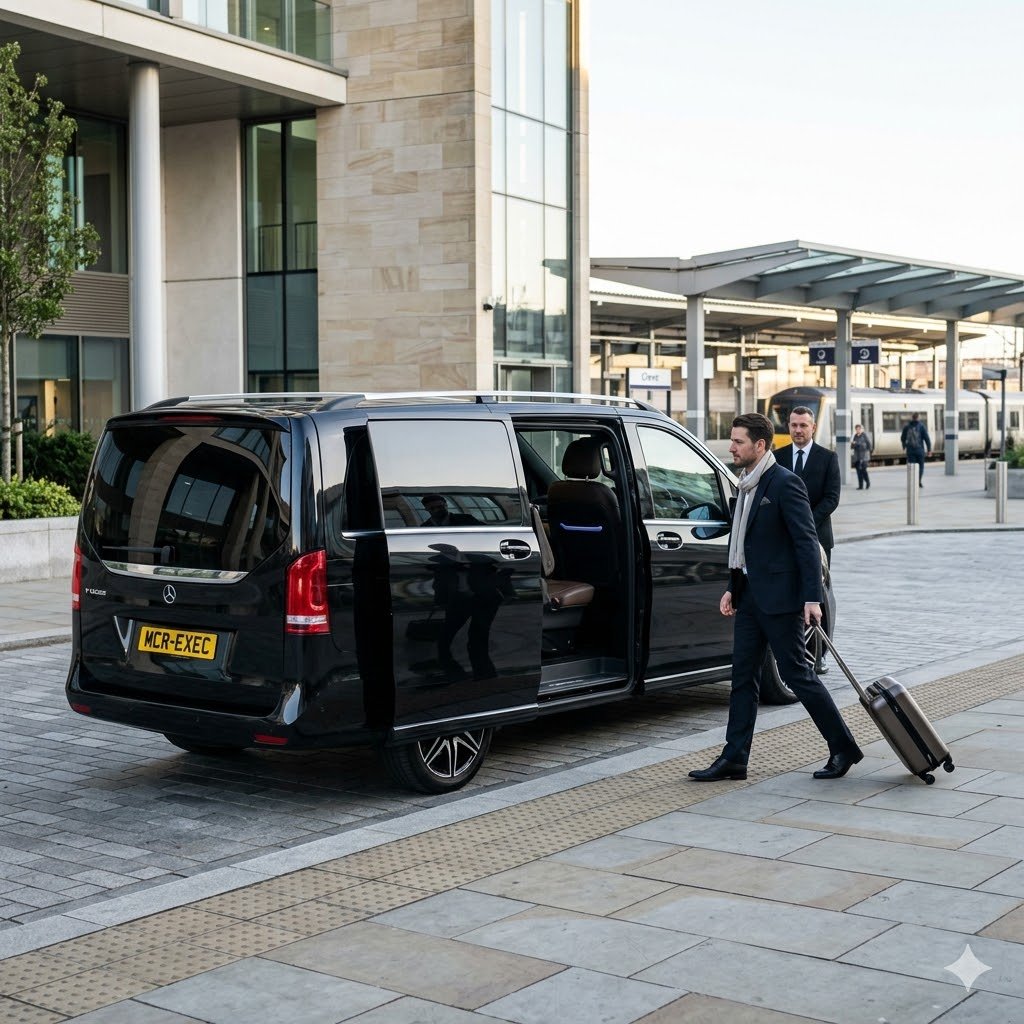 MCR EXEC Mercedes for Crewe Chauffeur Service, showing professional corporate chauffeur travel and executive journey planning