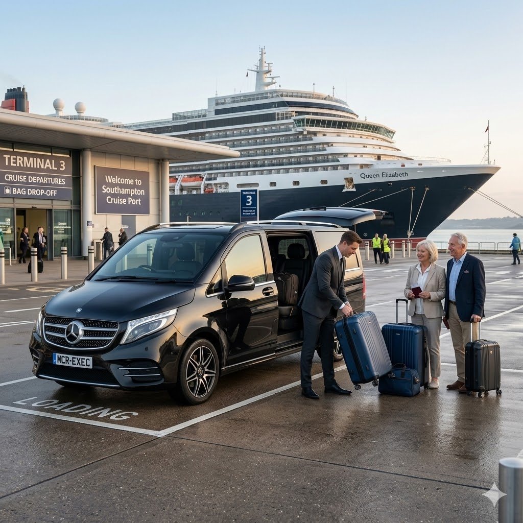 Cruise Port Chauffeur Services Mercedes V-Class black MCR-EXEC vehicle assisting passengers with cruise luggage at UK cruise terminal transfer