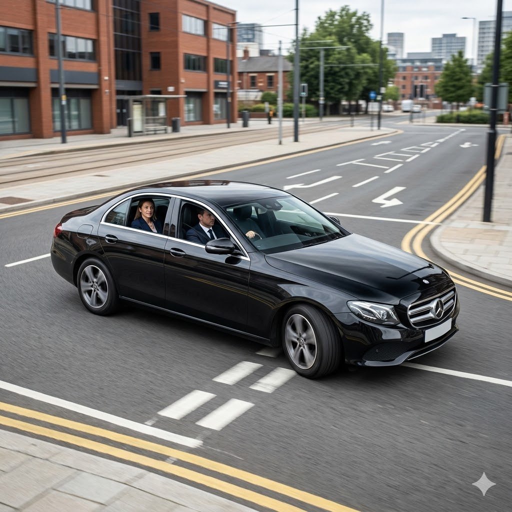 Mercedes E-Class driving through Eccles for chauffeur service on a professional executive journey
