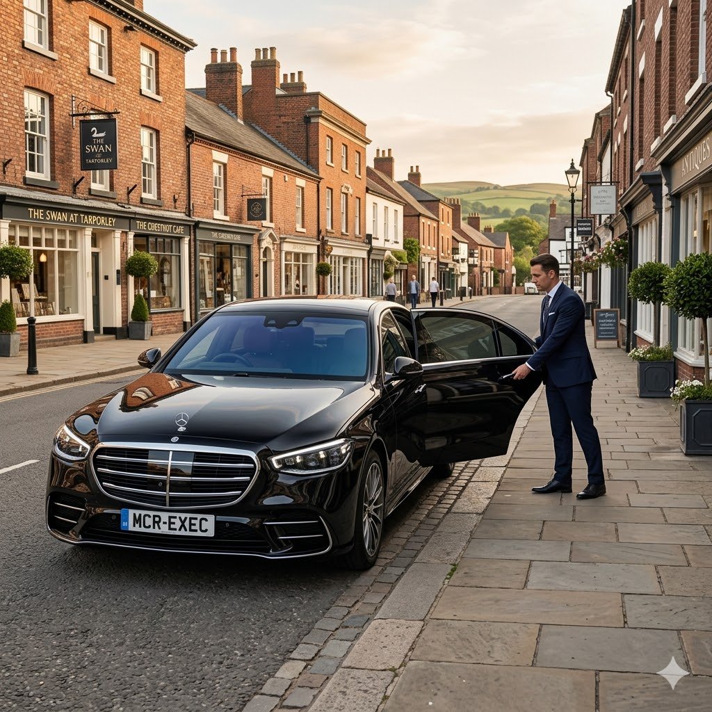 Black Mercedes S-Class by MCR EXEC in a refined Cheshire village setting for Tarporley Chauffeur Service, with a professional chauffeur opening the rear door in an elegant high street scene.
