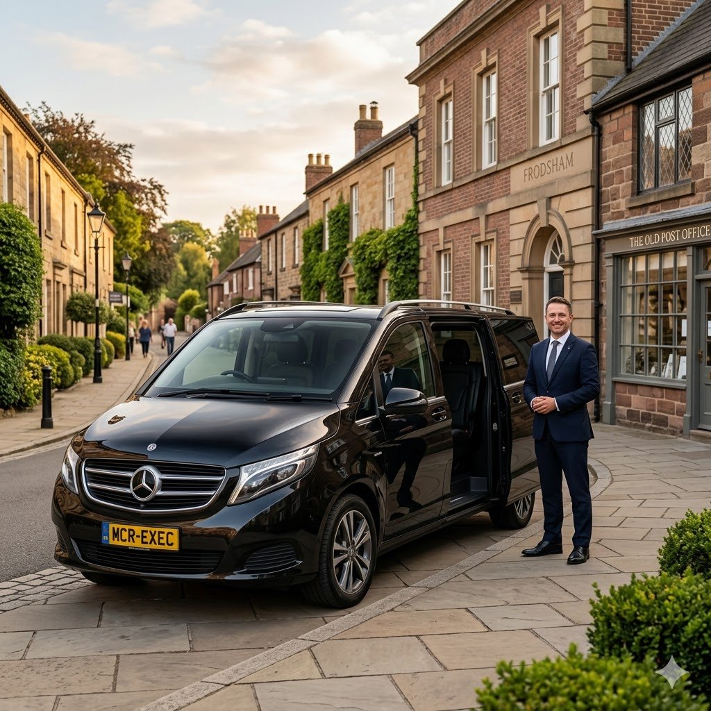 Black Mercedes V-Class by MCR EXEC parked in an elegant Frodsham Cheshire setting for Frodsham Chauffeur Service, with a professional chauffeur standing beside the vehicle in a premium village location.