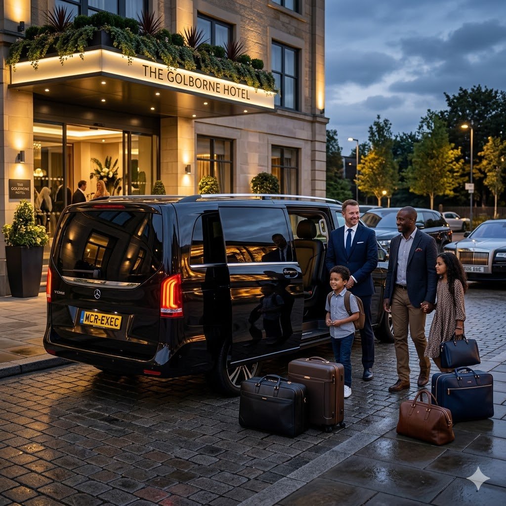 Premium family chauffeur service in Golborne with a Mercedes V-Class outside a hotel as passengers prepare to board for evening travel.