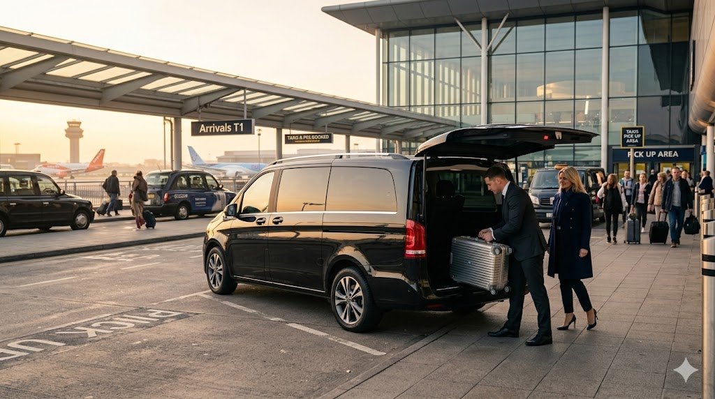 MCR EXEC Mercedes vehicle outside a UK airport terminal representing executive airport chauffeur travel.