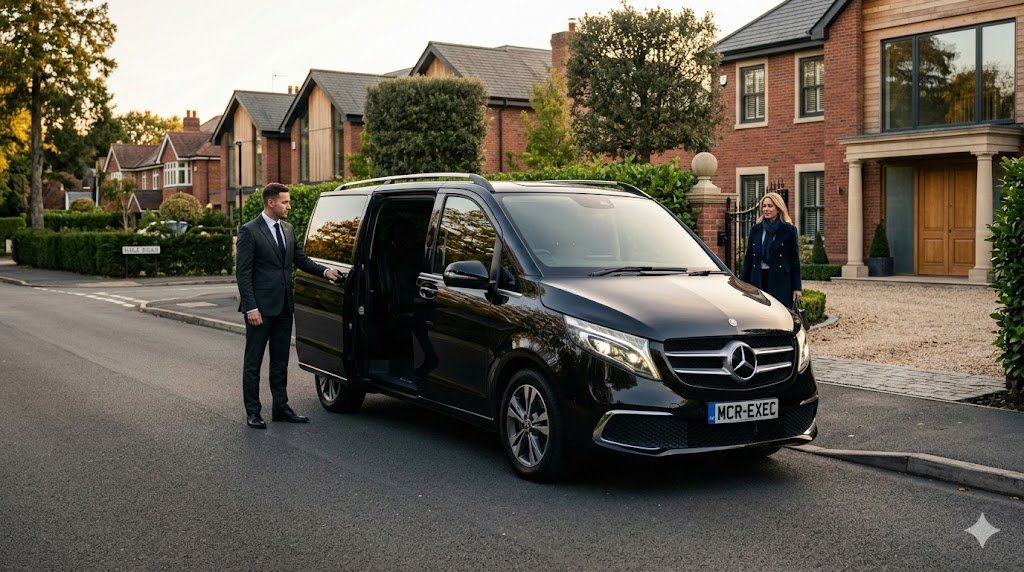 Hale Barns Chauffeur Service by MCR EXEC featuring a black Mercedes V-Class executive vehicle with MCR-EXEC number plate parked outside a luxury Cheshire home while a professional chauffeur opens the passenger door.