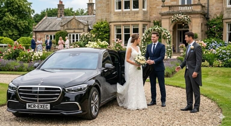 Wedding chauffeur service in Hale Barns by MCR EXEC showing a black Mercedes S-Class with MCR-EXEC number plate arriving at a Cheshire countryside wedding venue.
