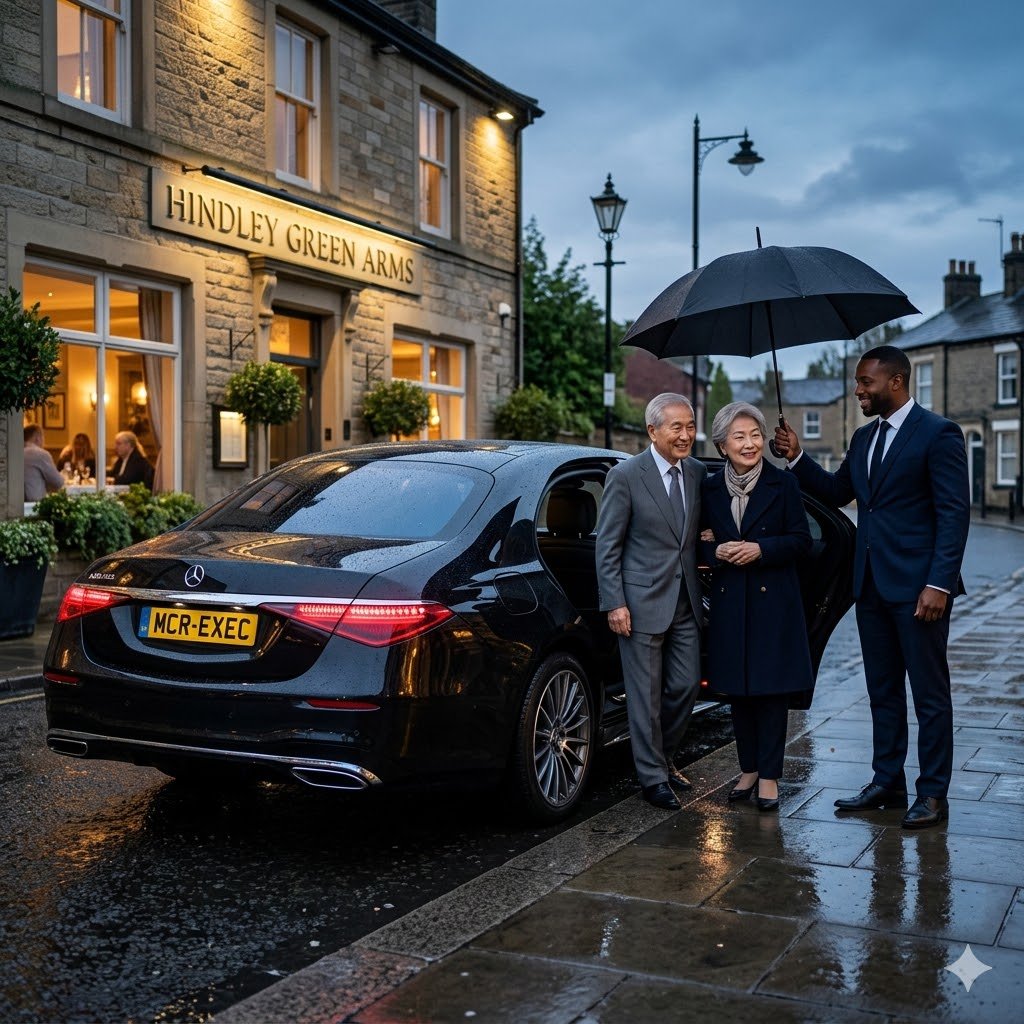 Mercedes S-Class chauffeur in Hindley Green assisting an elderly couple with an umbrella outside a restaurant on a rainy evening.