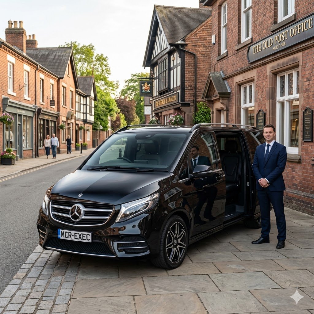 Black Mercedes V-Class by MCR EXEC in an elegant Holmes Chapel Cheshire setting for Holmes Chapel Chauffeur Service, with a professional chauffeur standing beside the vehicle in a refined village scene.