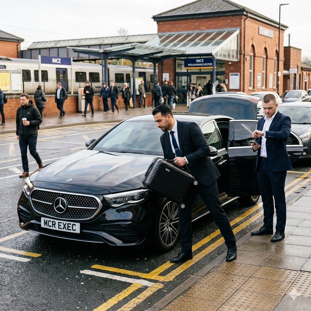 Executive transfer in Ince with a chauffeur unloading luggage beside a Mercedes E-Class near a station entrance.