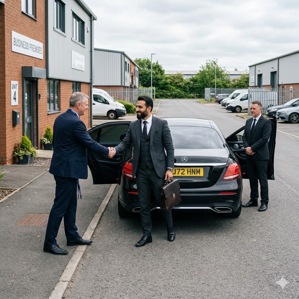 Mercedes E-Class business arrival in Irlam for chauffeur service outside a commercial premises