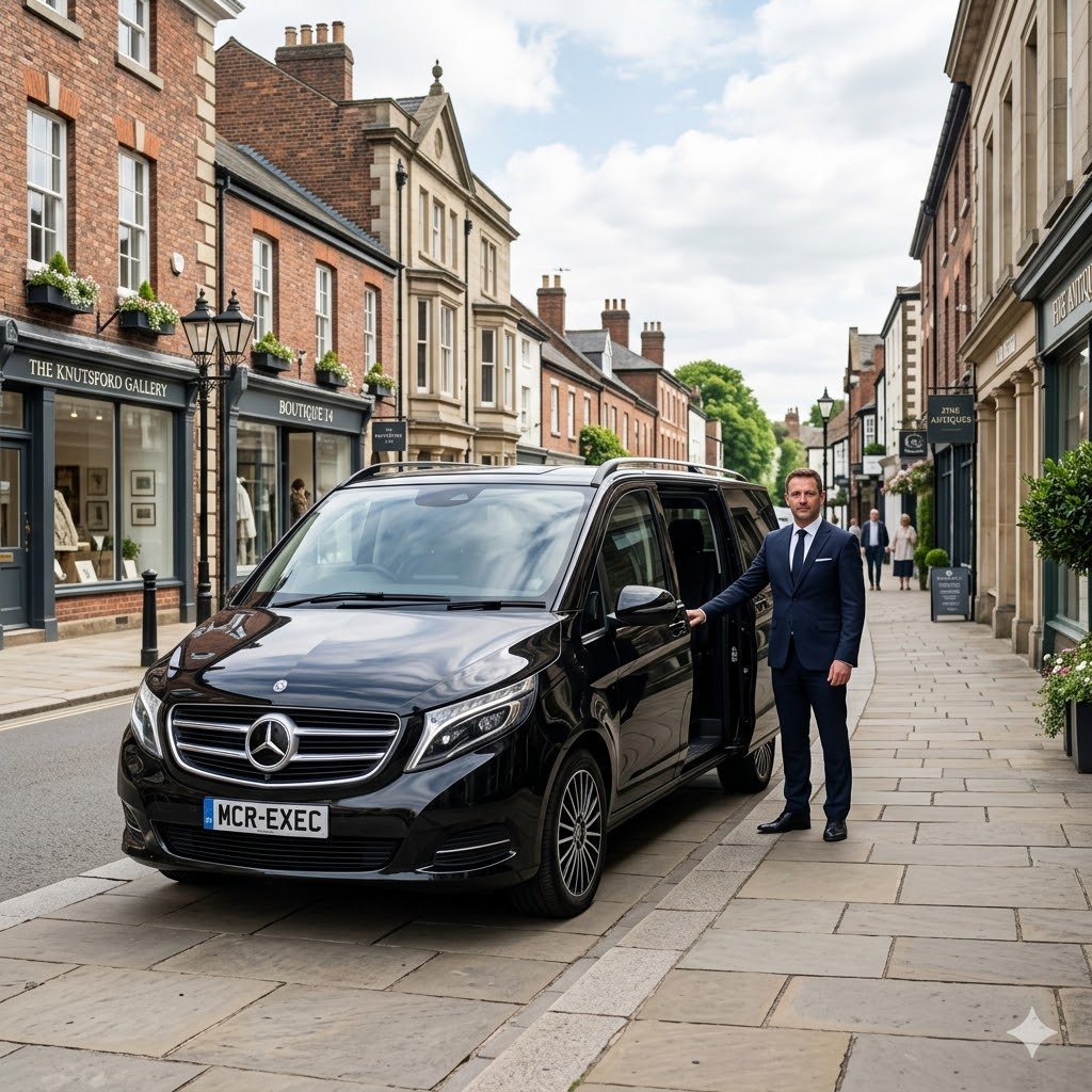 Black Mercedes V-Class by MCR EXEC in an elegant Knutsford town-centre setting for Knutsford Chauffeur Service, with a professional chauffeur standing beside the vehicle in a refined Cheshire street scene.
