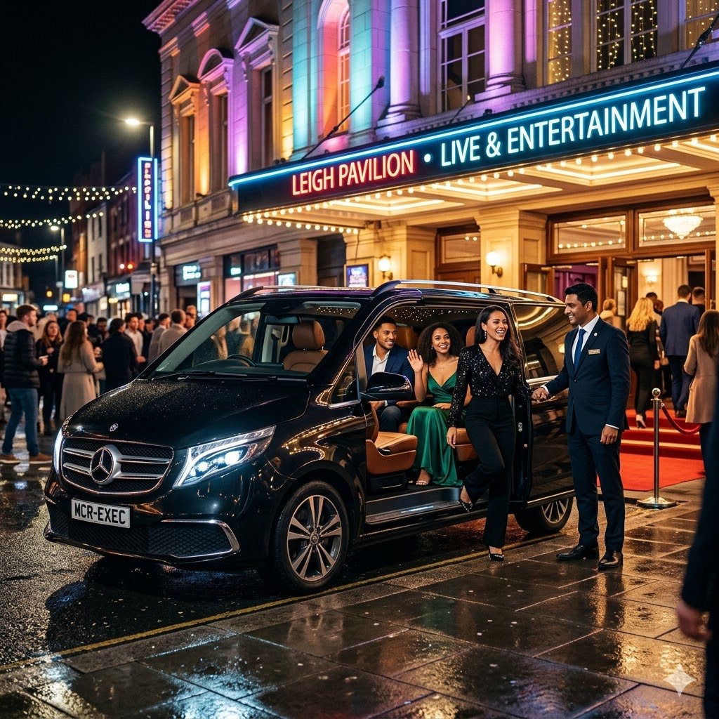 Mercedes V-Class chauffeur service in Leigh outside an entertainment venue at night with passengers arriving for an evening event.