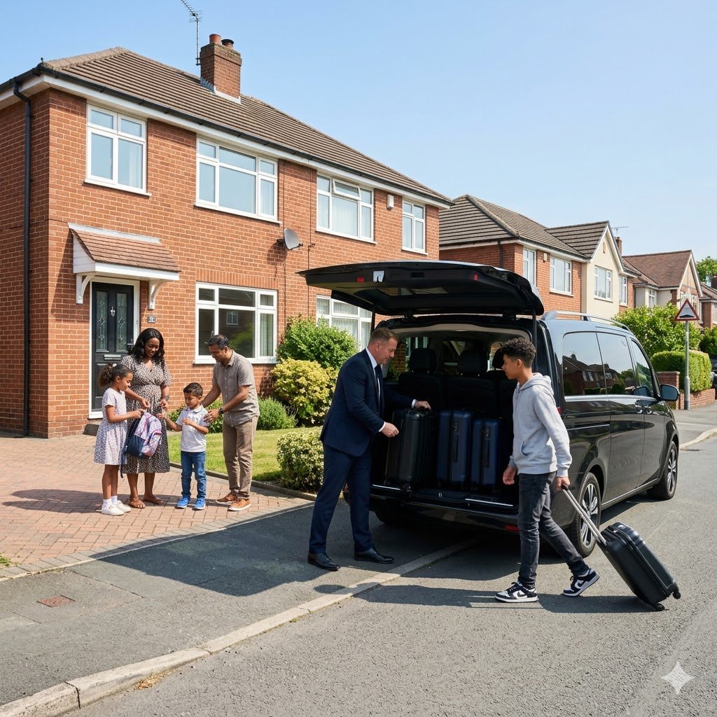Mercedes V-Class family departure in Little Hulton for chauffeur service with multiple suitcases being loaded