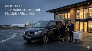 Liverpool vs PSG Chauffeur Service with a black Mercedes V-Class at a North West private jet terminal, MCR EXEC VIP matchday transfer to Anfield
