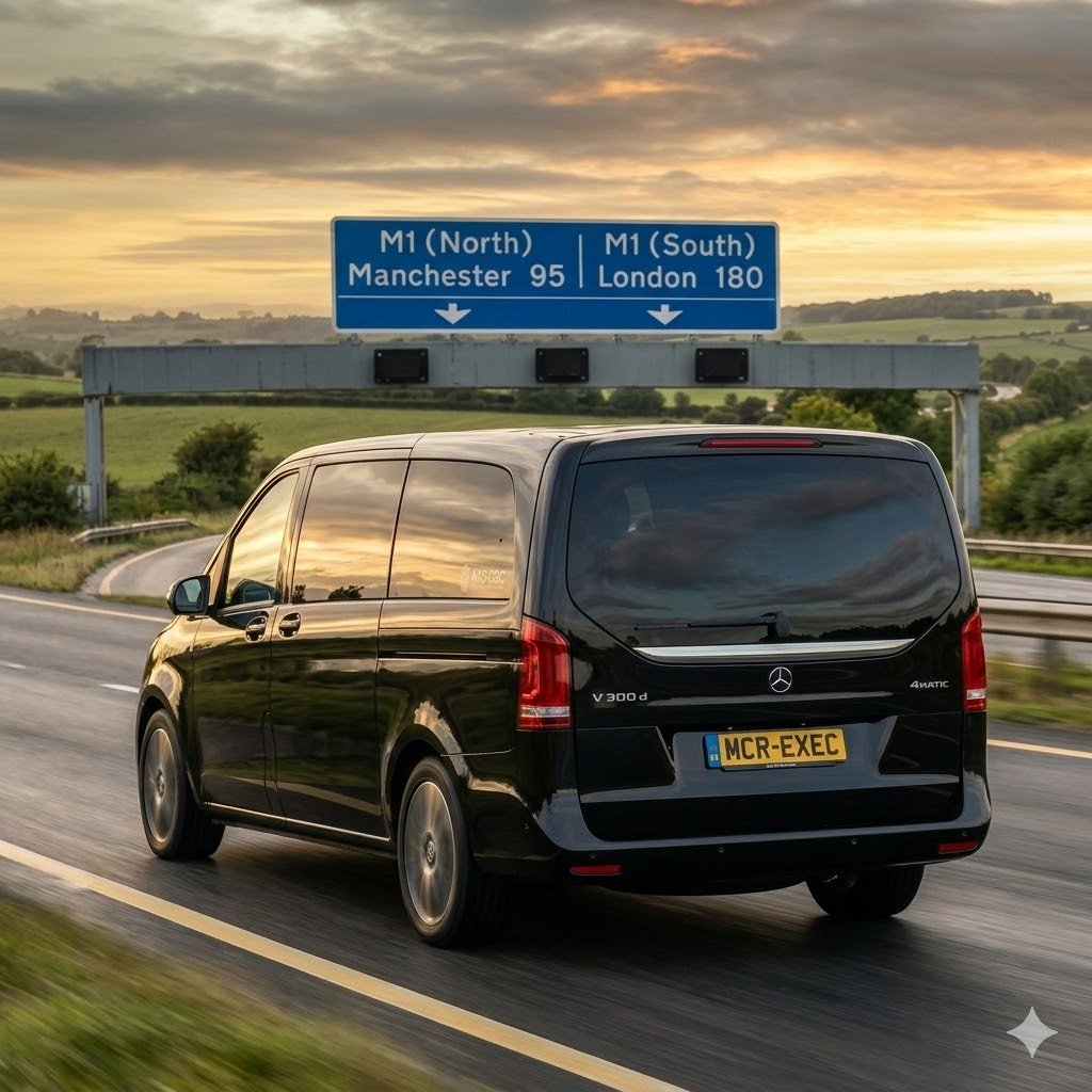 Long Distance Chauffeur Service Manchester Mercedes V-Class black executive vehicle MCR-EXEC travelling on UK motorway between cities