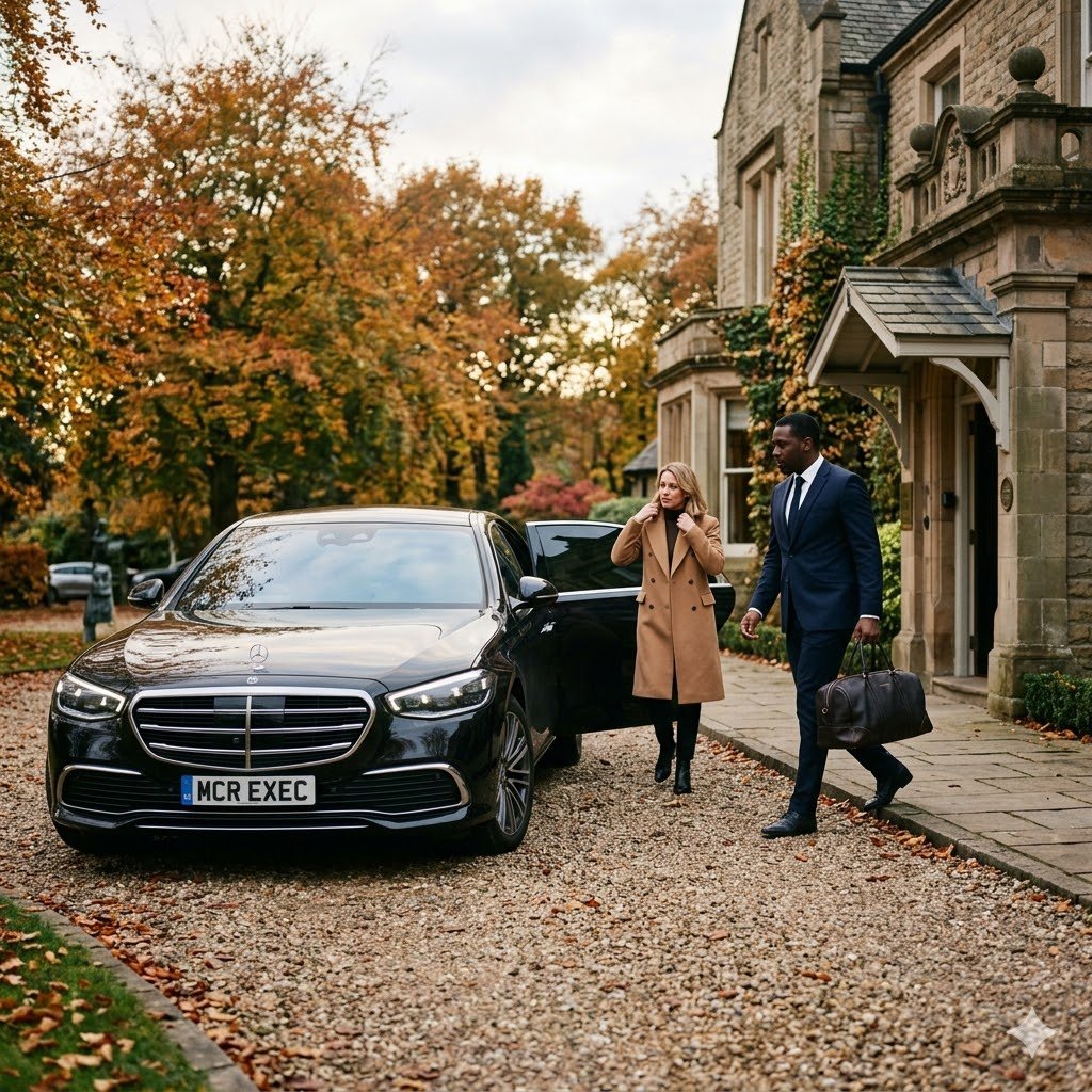 Luxury chauffeur service in Lowton with an S-Class and chauffeur carrying luggage outside a countryside hotel.