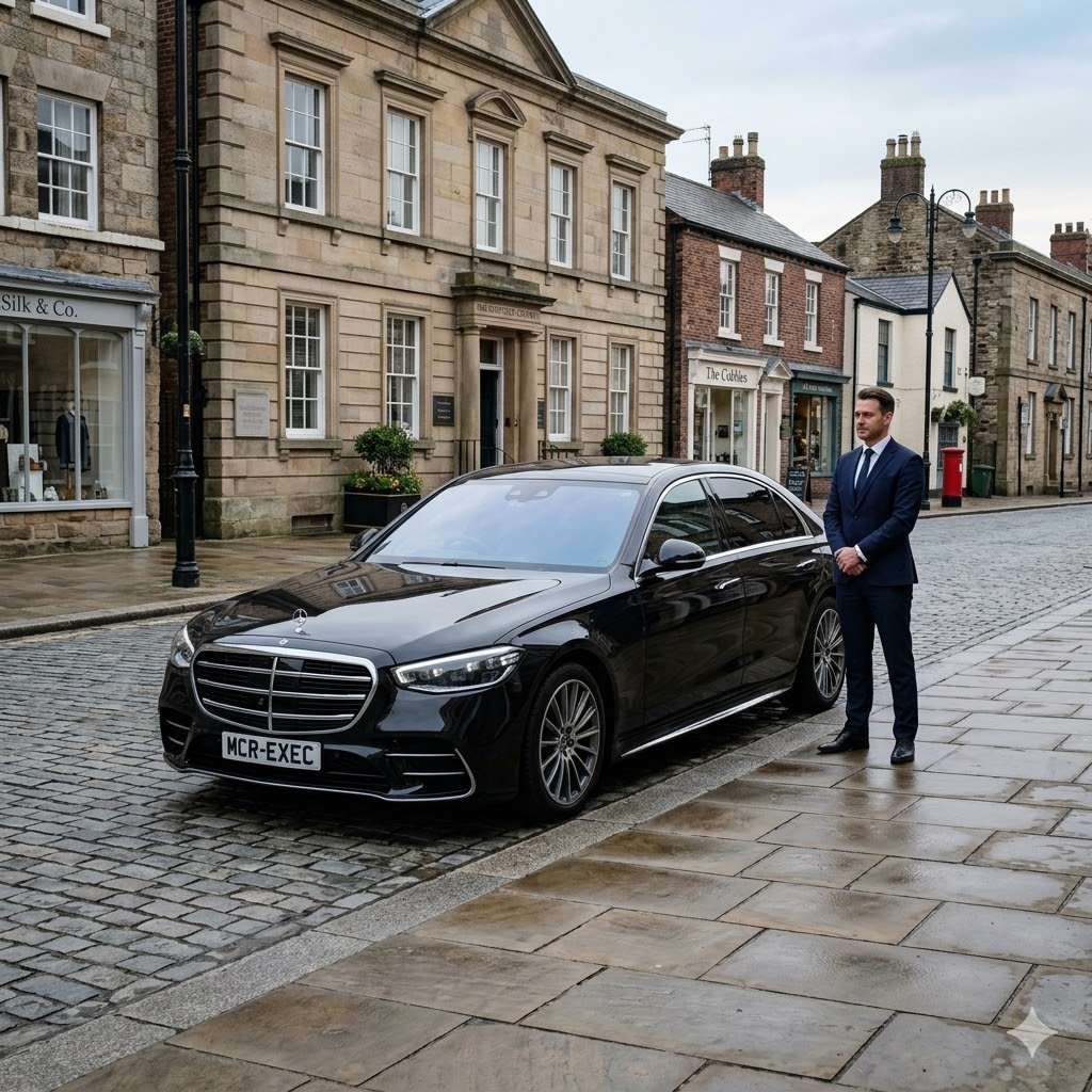 Black Mercedes S-Class by MCR EXEC in a refined Macclesfield Cheshire setting for Macclesfield Chauffeur Service, with a professional chauffeur standing beside the vehicle in an elegant town scene.