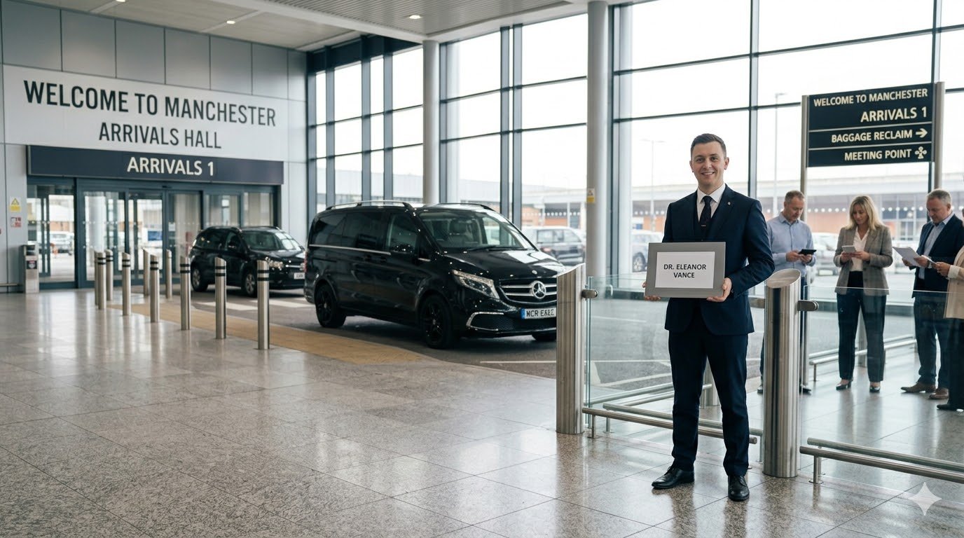 Luxury Transfer From Manchester Airport To Stockport in a black Mercedes V-Class with MCR EXEC, showing professional chauffeur travel with meet and greet collection and return journey planning.