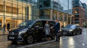 Manchester Chauffeur Service featured image by MCR EXEC showing a black Mercedes V-Class and black Mercedes S-Class with MCR-EXEC number plates in Manchester city centre with a professional chauffeur assisting premium clients