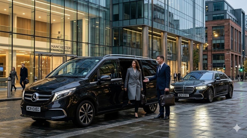 Mercedes S-Class by MCR EXEC outside a premium Manchester city centre location for ExeLuxury Executive Travel in Manchester 