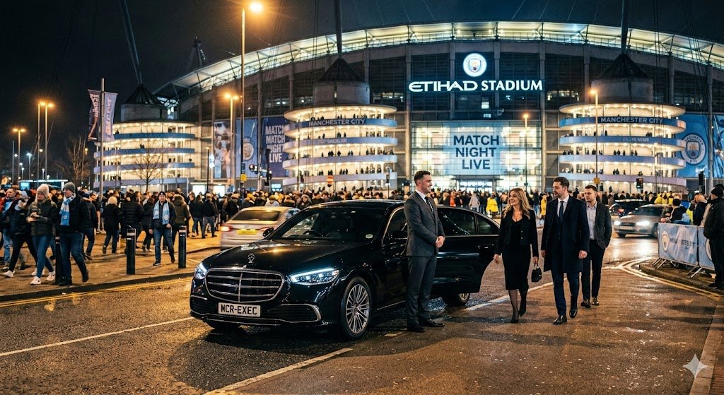 Mercedes S-Class stadium event chauffeur service in Manchester