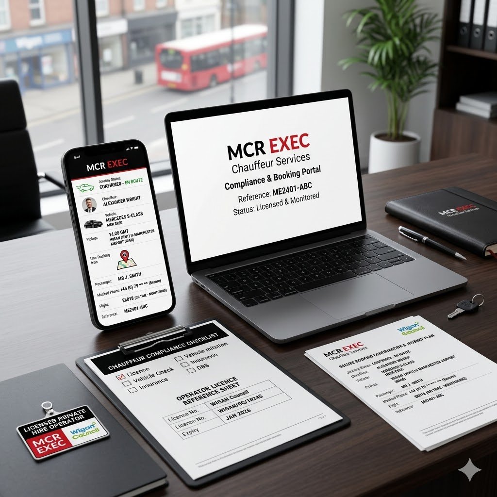 MCR EXEC compliance and booking standards interface shown on a smartphone and laptop in a modern office, displaying chauffeur profile details, booking information, live tracking, masked communication and secure client travel management.