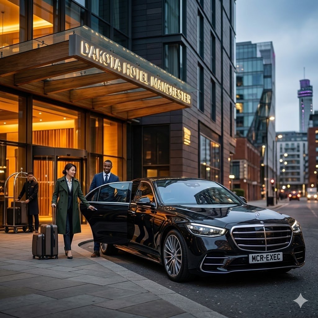 Hotel Chauffeur Services with black Mercedes V-Class, black vehicle, MCR EXEC number plate, outside Manchester hotel for airport transfers and guest travel