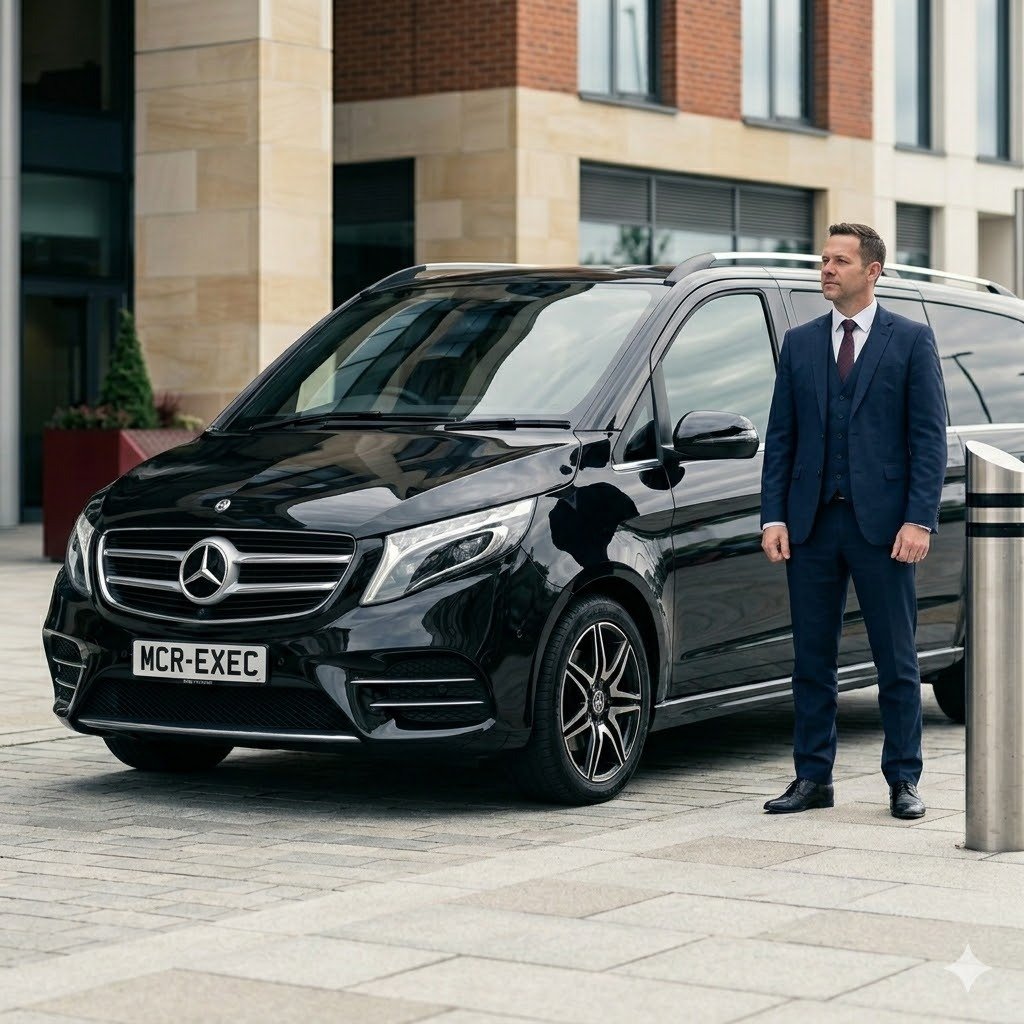 MCR EXEC Mercedes V-Class outside a premium MediaCity setting for Chauffeur Service in MediaCity