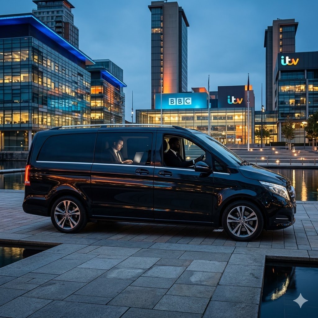 Mercedes V-Class pickup outside MediaCity at dusk for chauffeur service in MediaCity with business passengers boarding for executive travel